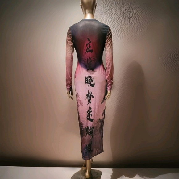 NWT Round Collar Oriental Text Print Mesh Bodycon Midi Dress Sz M - Picture 3 of 16